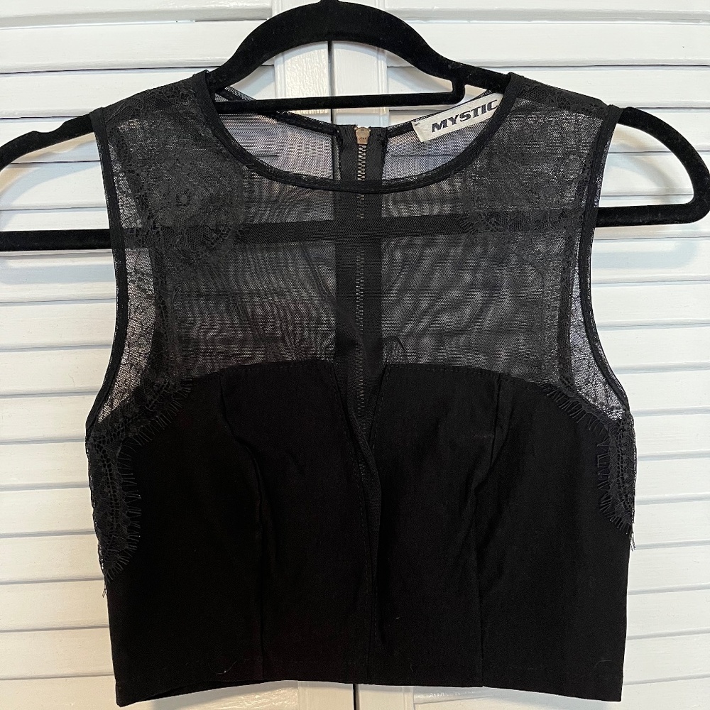 Black Sheer Crop Top with Lace - Size S